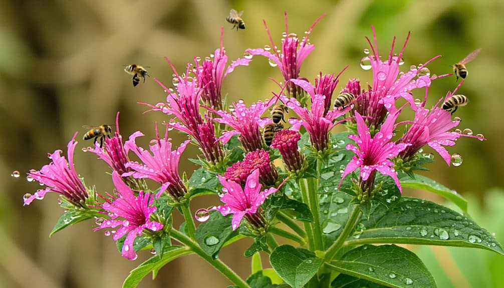 Bright pink flowers with green leaves are covered in water droplets, while bees hover around and land on the blossoms—an ideal scene for pollinator-friendly plants. The background is blurred with shades of green and brown.