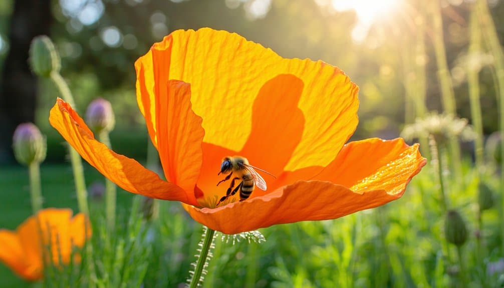 A close-up of a bee collecting pollen inside a vibrant orange poppy flower—one of many pollinator-friendly plants—with sunlight illuminating the petals and a green, blurred background.