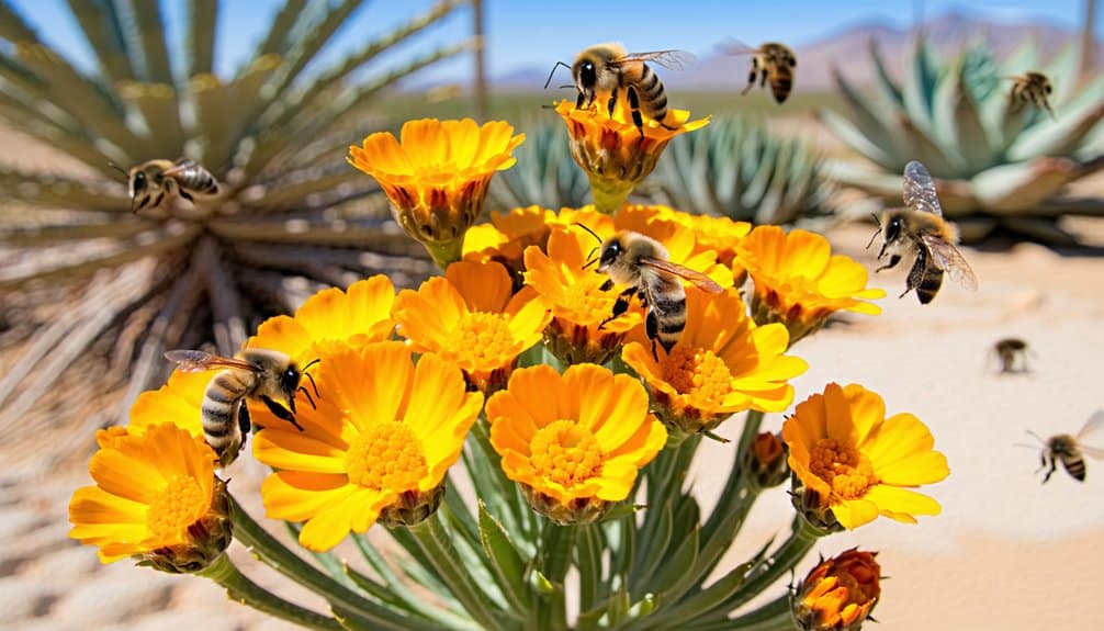 A cluster of bright orange wildflowers, known as pollinator-friendly plants, is surrounded by bees collecting nectar, set in a sunny desert landscape with agave plants and distant mountains in the background.