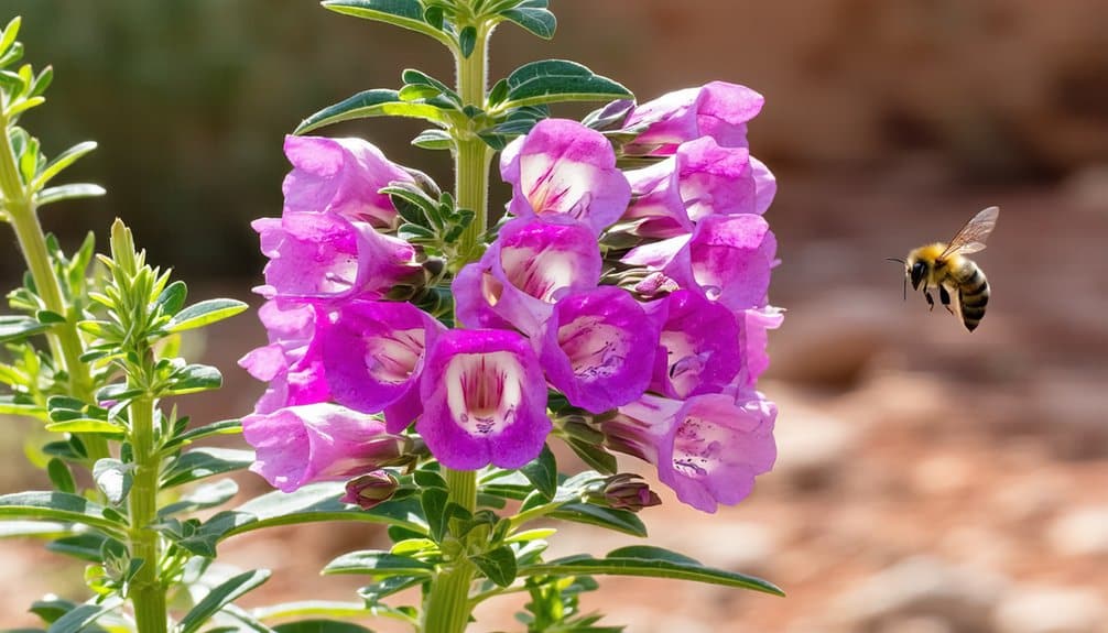 A cluster of vibrant purple penstemon flowers in bloom with a bee hovering nearby, highlighting these pollinator-friendly plants against a blurred natural background.