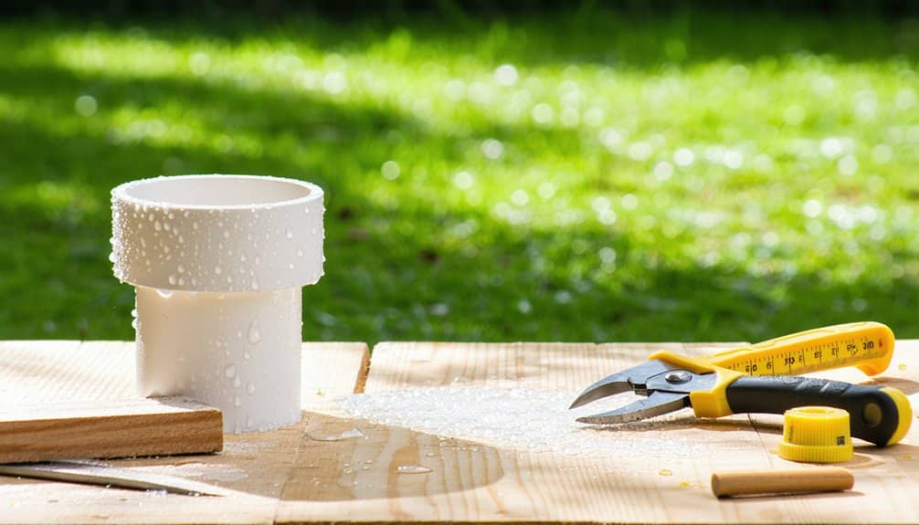 A wet PVC pipe fitting, yellow pliers, a tape measure, and wooden boards are arranged on a table outdoors, with green grass blurred in the background and sunlight illuminating the scene.