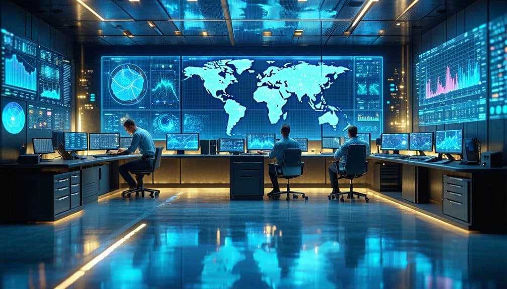 Three people work at desks with multiple monitors in a high-tech control room. Large digital screens on the wall display a world map, charts, and data visualizations in blue tones, creating a futuristic atmosphere.