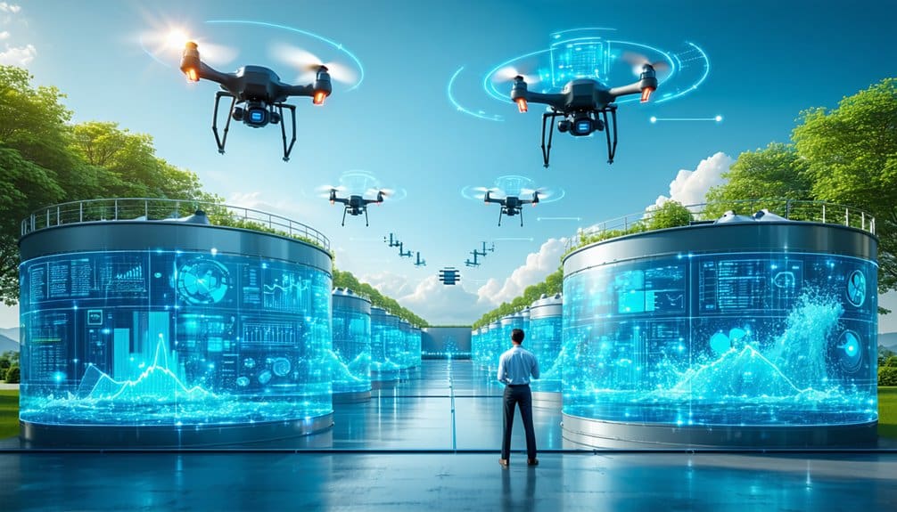 A man observes multiple drones flying above futuristic tanks displaying digital data, graphs, and holograms, set outdoors with trees and a bright blue sky in the background.