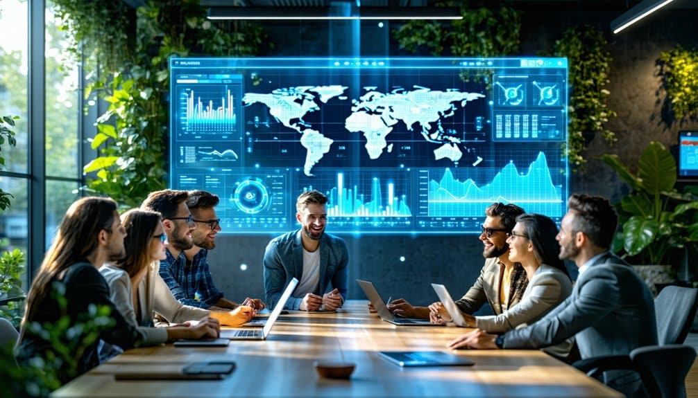 A group of people in business attire sit around a conference table in a modern office, discussing data displayed on a large digital screen showing world maps, charts, and graphs. The room features abundant greenery and natural light.