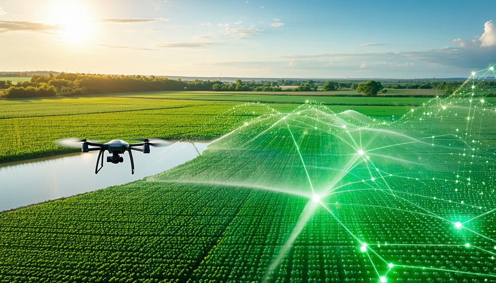 A drone flies over a lush green agricultural field near a waterway, with digital green lines and dots overlaid, representing smart farming technology and data analysis. The sky is clear with scattered clouds.