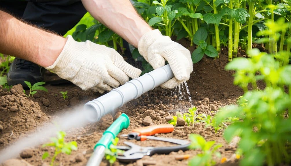 A person wearing white gloves installs a gray irrigation pipe in a garden, with water flowing from the pipe. Green plants, gardening tools, and soil are visible.