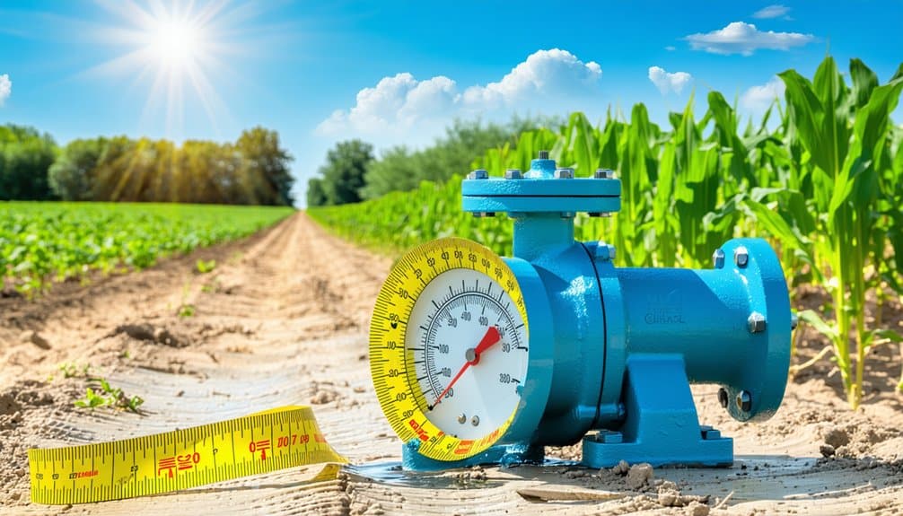 A blue water pump with a large pressure gauge and a yellow measuring tape sits on soil in a sunny crop field with green plants and trees in the background.