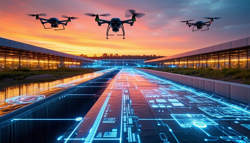 Three drones fly above a futuristic digital runway with glowing blue circuit patterns, set between modern glass buildings at sunset. The sky is vibrant with orange and purple hues.