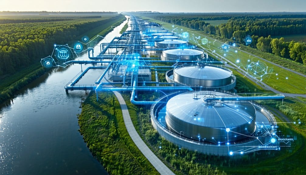 Aerial view of a large industrial water treatment or energy plant with round tanks, pipelines, and digital network graphics overlay, set beside a canal and surrounded by green fields and forests.