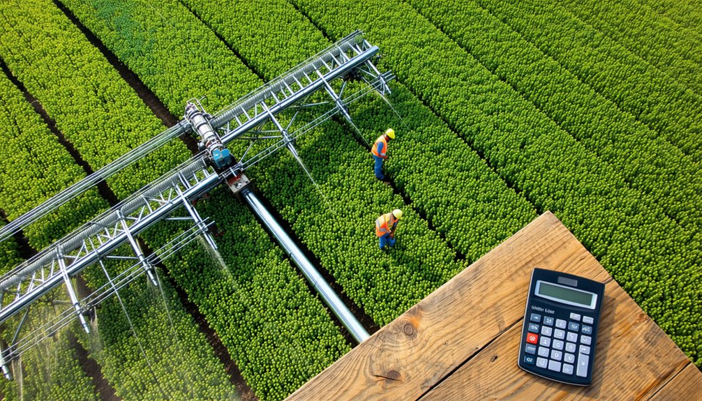 Aerial view of two workers in reflective vests walking through green crop rows beneath a large irrigation system, with a wooden table and a calculator in the foreground.