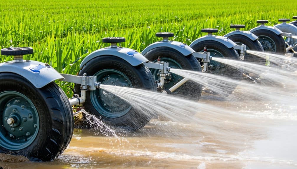 A close-up of a mobile irrigation system spraying water onto a green rice field, with large black wheels and metal pipes delivering water over the vibrant crops.