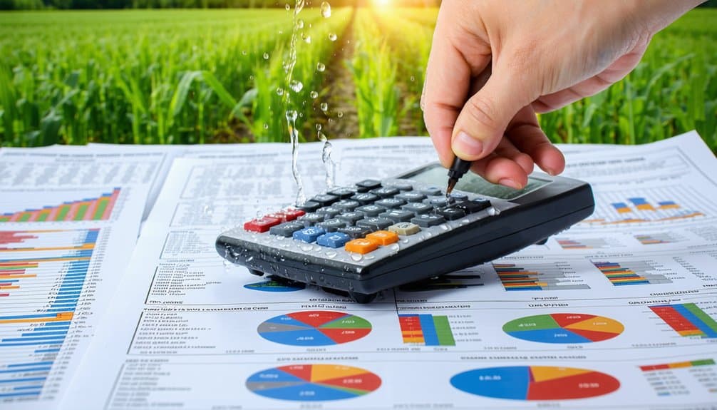 A hand pressing buttons on a calculator covered in water droplets, placed on financial charts with colorful graphs, against a backdrop of a green crop field and sunlight.