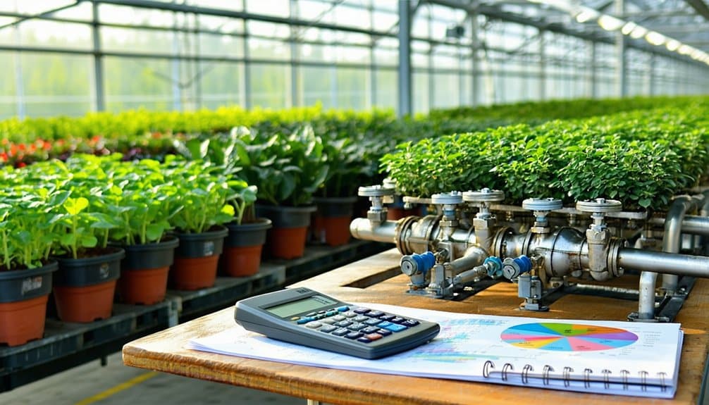 A greenhouse with rows of potted plants. In the foreground, a table holds a calculator, a colorful pie chart, and notes, next to metal irrigation pipes, highlighting the business side of horticulture.