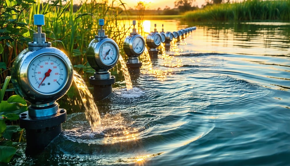Row of gauges with water flowing from pipes into a pond surrounded by tall grass, with sunlight reflecting on the water’s surface in a natural outdoor setting.
