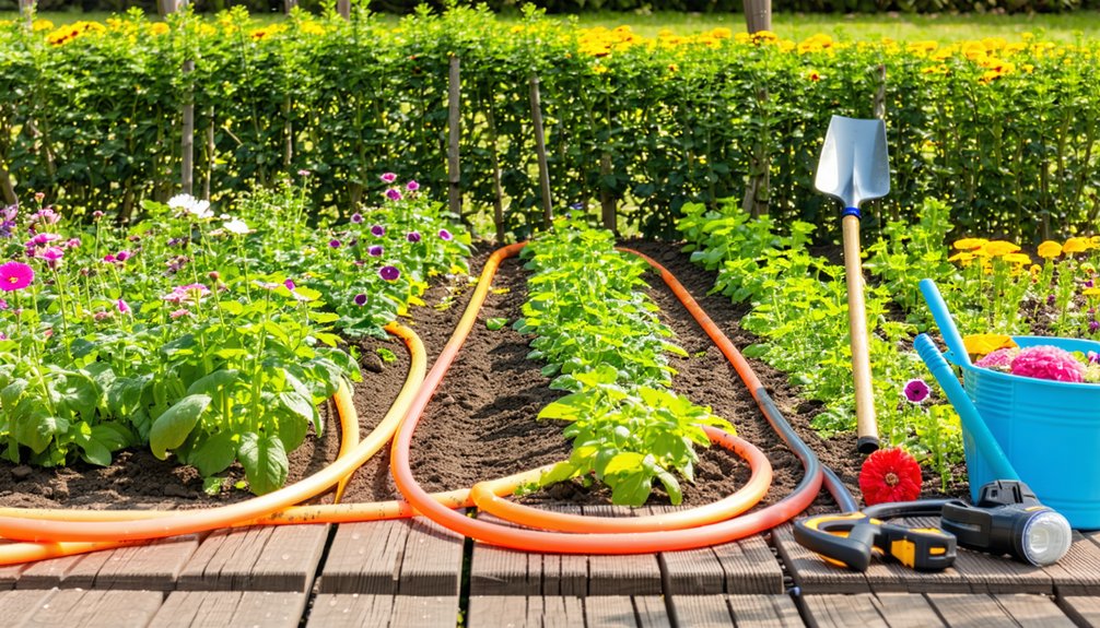 Rows of green plants and colorful flowers grow in a garden with orange hoses laid out for watering. Gardening tools and a blue bucket with flowers sit on a wooden deck in the foreground. A hedge and yellow flowers are in the background.