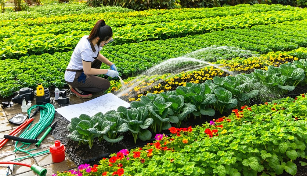 A person wearing gloves and a mask waters rows of leafy green plants and colorful flowers in a well-maintained garden. Gardening tools and hoses are placed nearby.