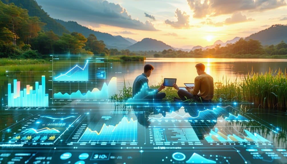Two people sit by a lakeside at sunset, working on laptops. Digital graphs and data visualizations are overlaid in the foreground, blending technology with a natural landscape of trees, water, and distant mountains.