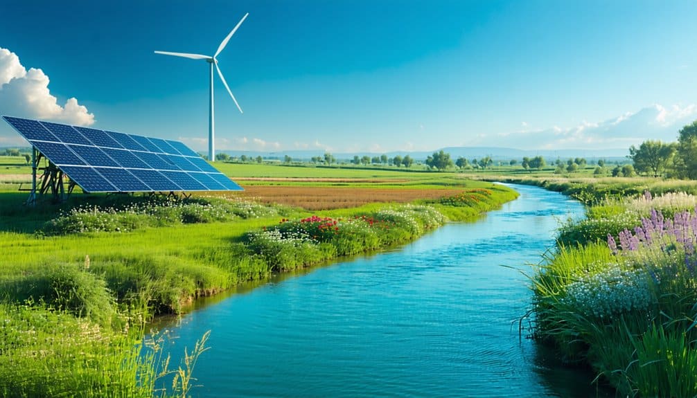 A solar panel array and a wind turbine stand in a lush green field beside a winding river under a bright blue sky, with wildflowers and distant trees in the background.