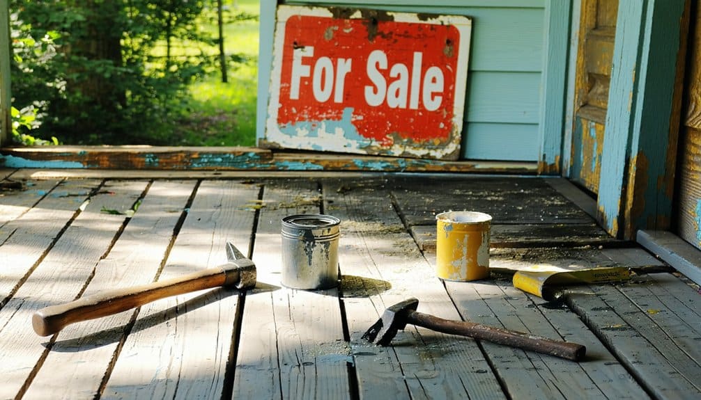 A weathered For Sale sign leans against a porch wall, surrounded by paint cans, brushes, and hammers on a sunlit, worn wooden porch with peeling paint.