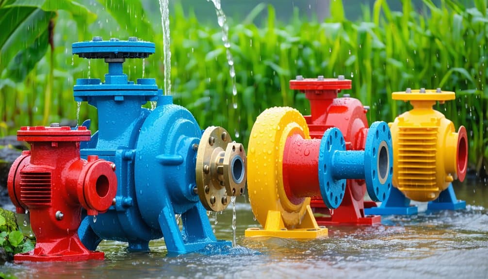 Colorful industrial water pumps with red, blue, and yellow components are lined up outdoors, surrounded by water and green plants, with water droplets splashing onto them.