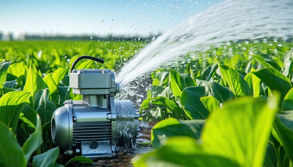 A water pump sprays water onto green crops in a field under a clear blue sky, providing irrigation to the plants.