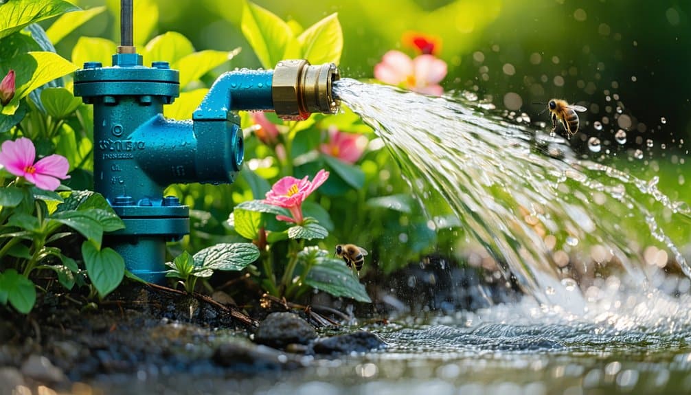 A blue outdoor water valve gushes fresh water onto green plants and pink flowers, with bees flying nearby and sunlight illuminating the scene.