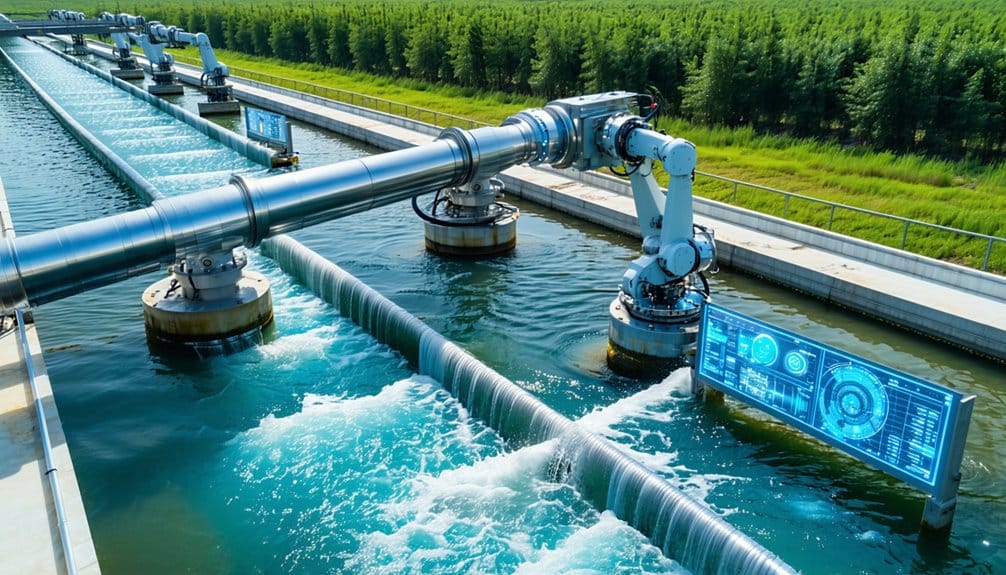 Robotic arms with digital screens operate above large industrial water channels, monitoring and managing water flow, surrounded by greenery and trees in the background.