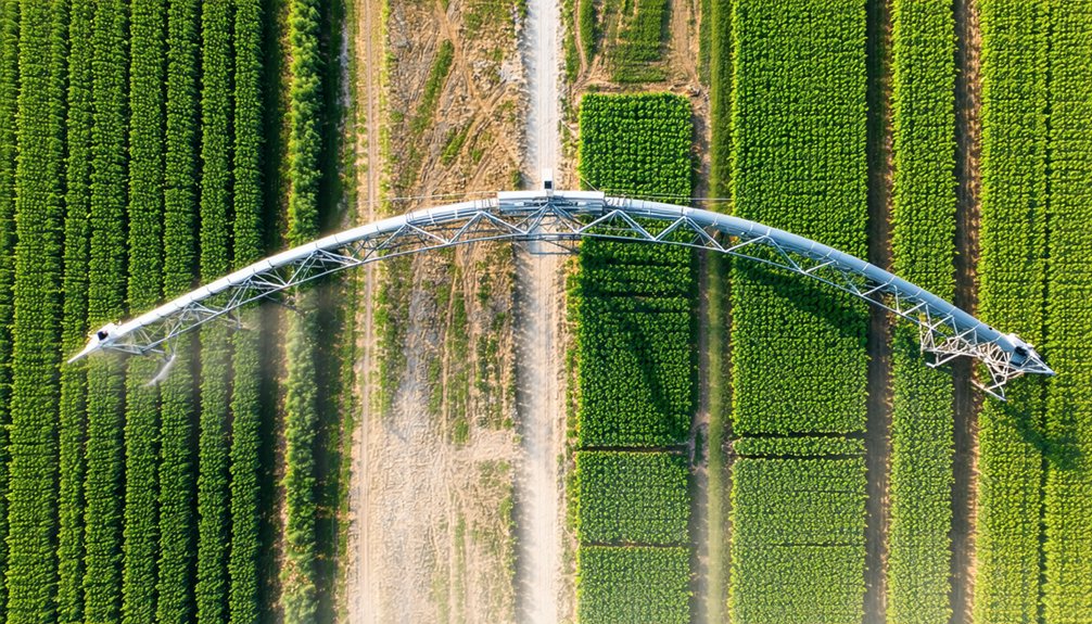 Aerial view of a large irrigation system watering neatly planted green crops in parallel rows, with a dirt path running vertically through the center of the farmland.