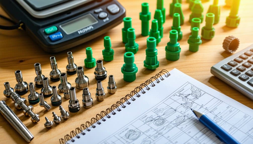 A notebook and pen sit on a desk alongside various green and silver irrigation components, a digital scale, and a calculator, suggesting technical planning or quality control in a manufacturing setting.