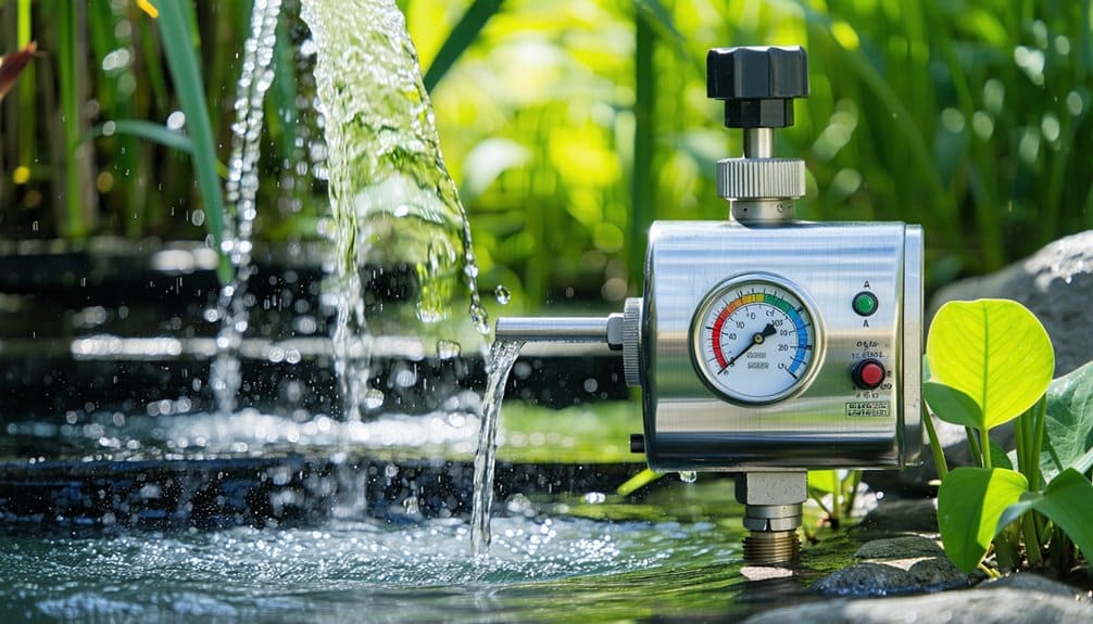 A close-up of a water pressure gauge with colored dial and indicator lights, installed beside a pond with plants and a small waterfall in a garden setting.