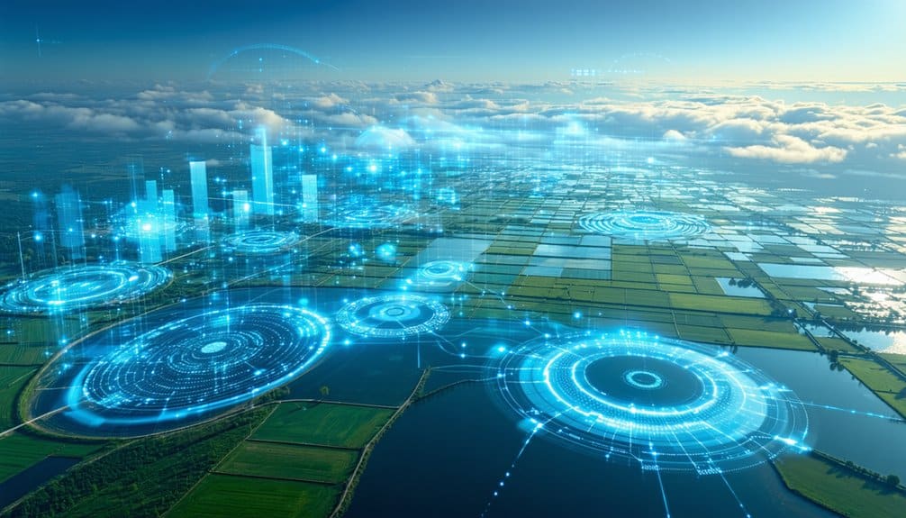Aerial view of farmland with rivers and fields, overlaid with glowing blue digital circular interfaces and holographic cityscape, representing futuristic technology in agriculture.