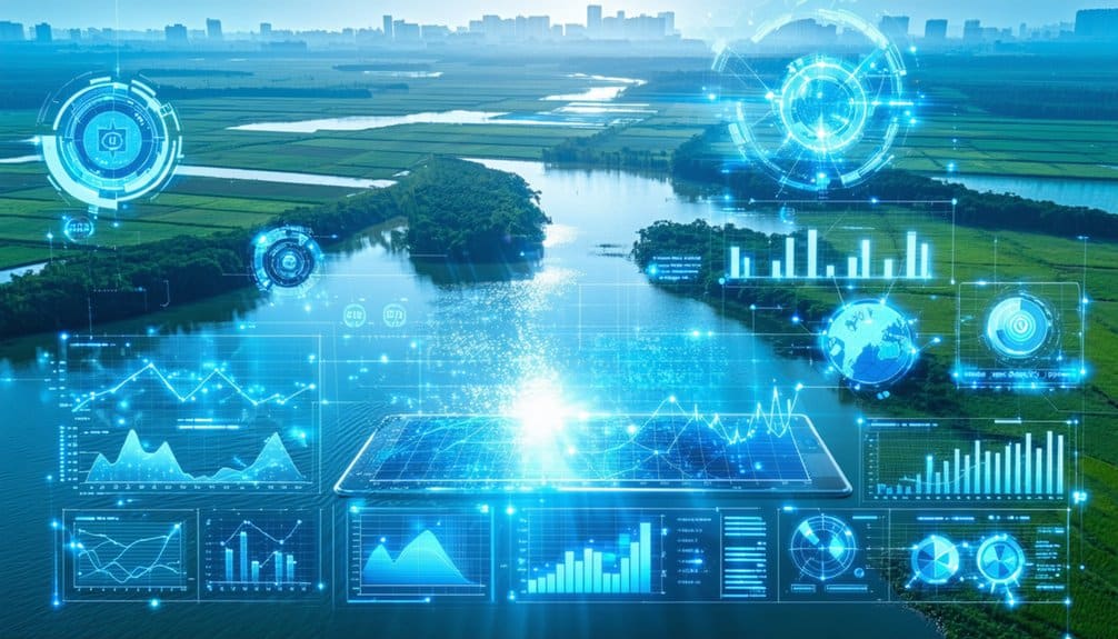 A river and green fields with a city skyline in the background, overlaid with transparent digital graphs, charts, and futuristic data visualizations, symbolizing environmental monitoring or smart technology.