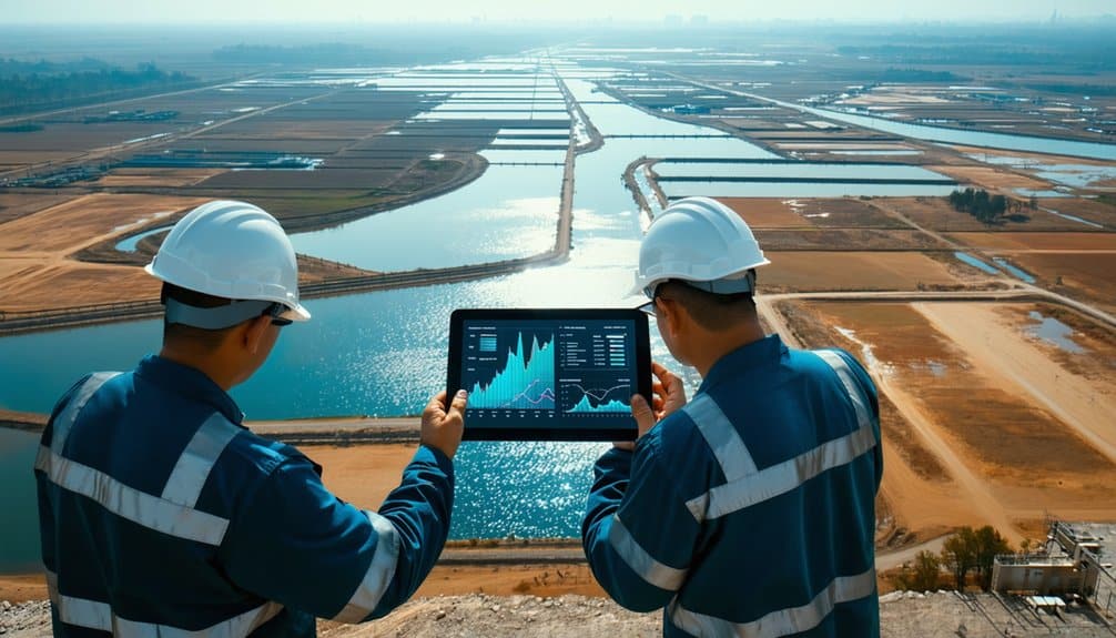 Two engineers in hard hats and safety vests stand overlooking a landscape of large water reservoirs. One holds a tablet displaying data and graphs, suggesting monitoring or analysis of the water facility.