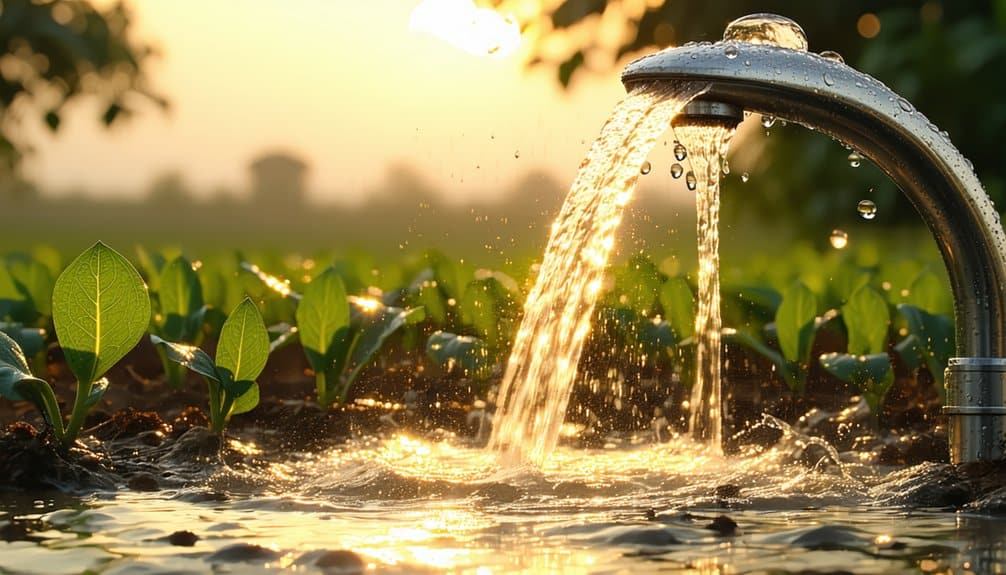A metal water faucet pours clear water onto green young plants in soil, with sunlight creating a warm, glowing effect and blurred trees in the background.
