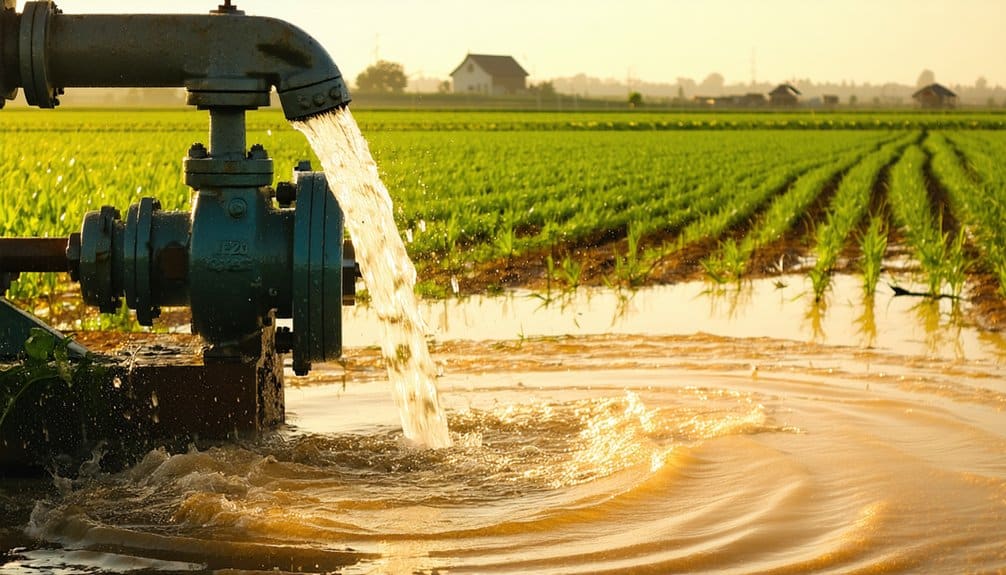 Water flows from an irrigation pump into a field of young crops at sunset, creating ripples in a pool of water. Rows of green plants stretch into the distance with several houses visible on the horizon.