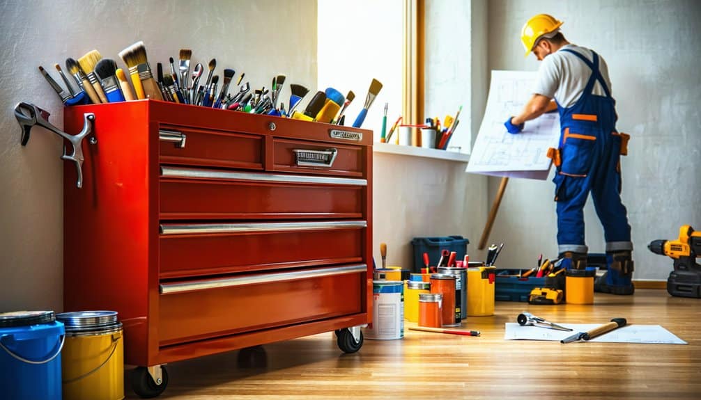 A worker in overalls and a hard hat studies blueprints near a window. In the foreground, a red tool chest holds brushes and tools, with paint cans and supplies scattered on the wooden floor.