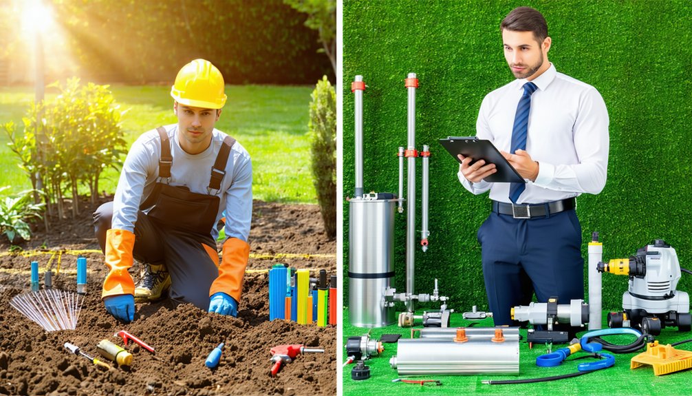 A split image: on the left, a worker in safety gear kneels in a garden with irrigation tools; on the right, a man in business attire holds a clipboard beside irrigation equipment displayed on a table.