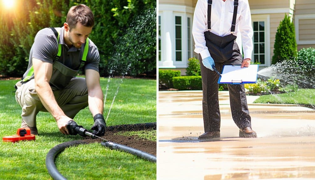 Split image: Left, a man in work clothes kneels on grass, repairing a sprinkler system. Right, a person in overalls and gloves uses a hose to clean a driveway, holding a clipboard. Both scenes are outdoors.