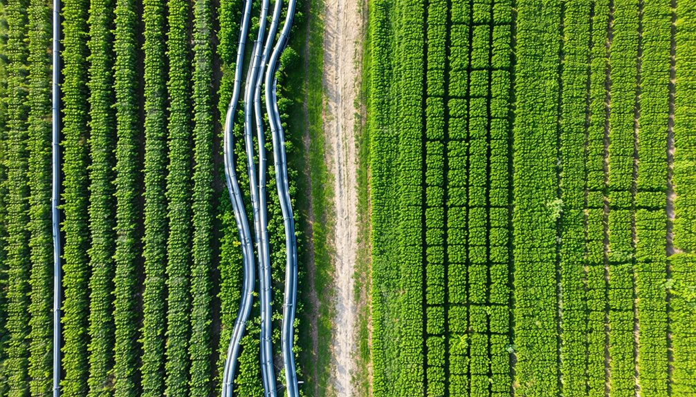 Aerial view of two green agricultural fields separated by a dirt path, with curved irrigation pipes running between the rows in the left field and neatly arranged square plots in the right field.
