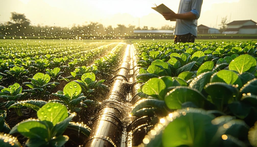 Close-up of a lush green crop field being irrigated by a drip system, with water droplets sparkling in the sunlight. A person stands in the background holding a notebook, observing the plants.