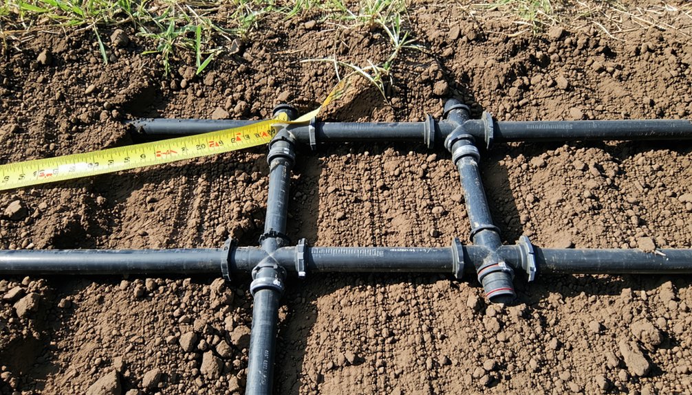Black plastic irrigation pipes are arranged in a grid on soil, connected with T-joints. A yellow measuring tape is laid across one section, and green grass is visible at the top of the image.