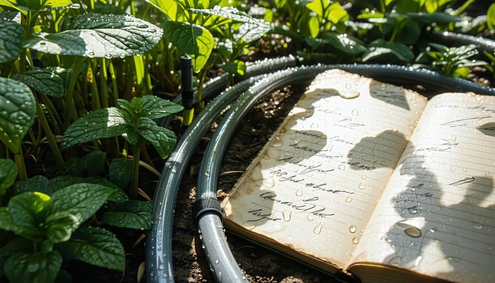 An open handwritten notebook with water droplets lies on soil beside green plants and irrigation tubing in a garden, bathed in sunlight.