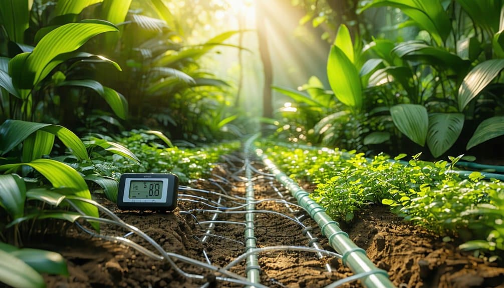 A lush garden with green plants and sunlight streaming in. Drip irrigation pipes run along the soil, and a digital moisture meter displays data, highlighting modern, sustainable farming techniques.