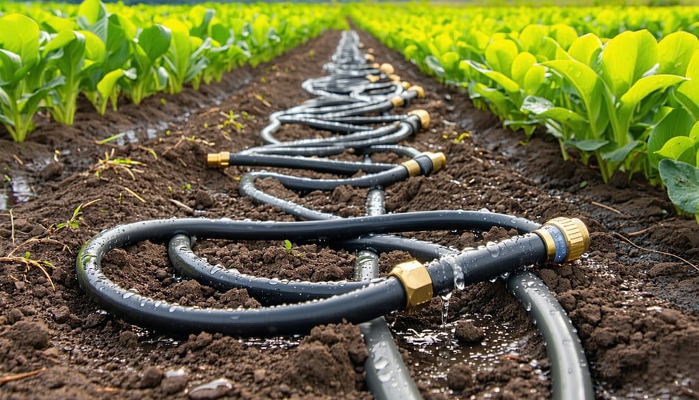 Black irrigation hoses with brass fittings laid out between rows of green leafy vegetable plants in a field, watering the dark, moist soil. The plants are healthy and the field appears well-maintained.