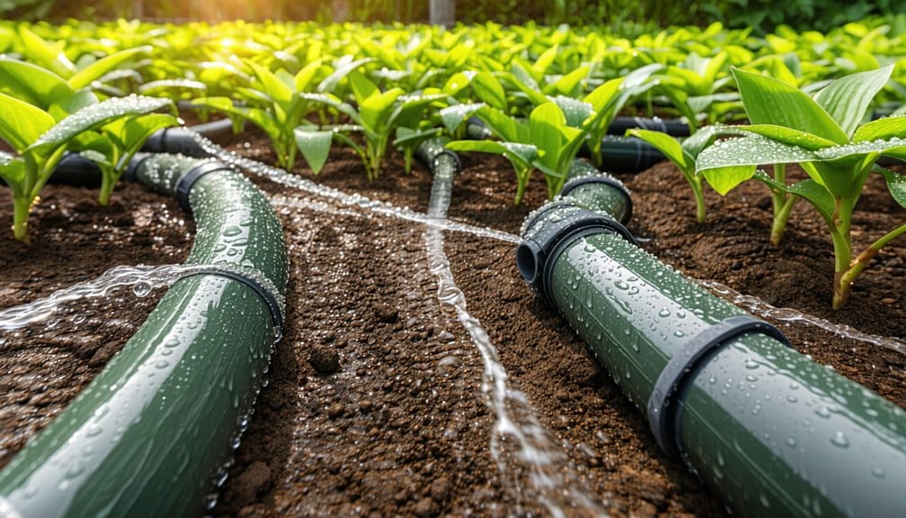 Close-up of a drip irrigation system watering rows of young green plants in soil, with water droplets visible on leaves and tubes under sunlight.