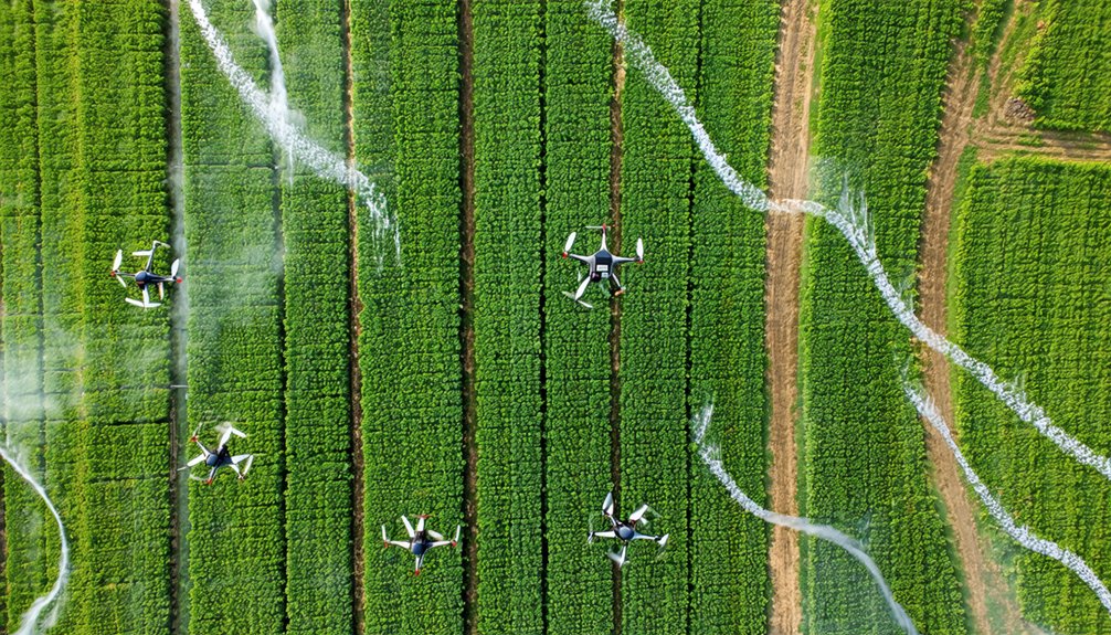 Aerial view of four drones flying over green crop fields, spraying water or fertilizer in parallel lines across the rows of plants.