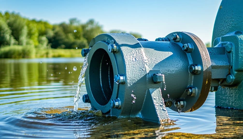 A large metal pipe discharges water into a calm lake or river, surrounded by green trees and grass under a bright blue sky.