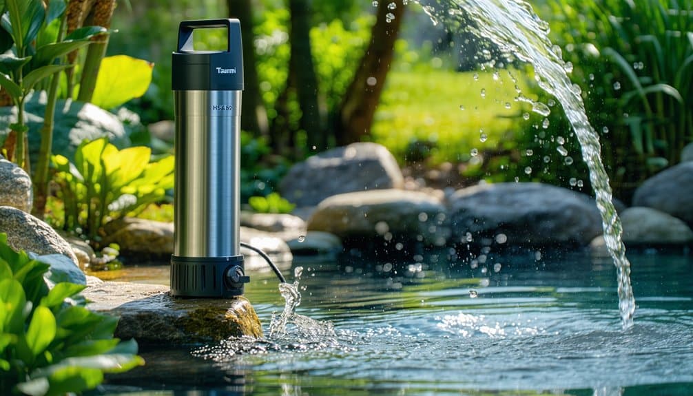 A metallic water pump sits on a rock beside a garden pond, surrounded by greenery and plants, with water spraying into the pond, creating a peaceful outdoor scene.