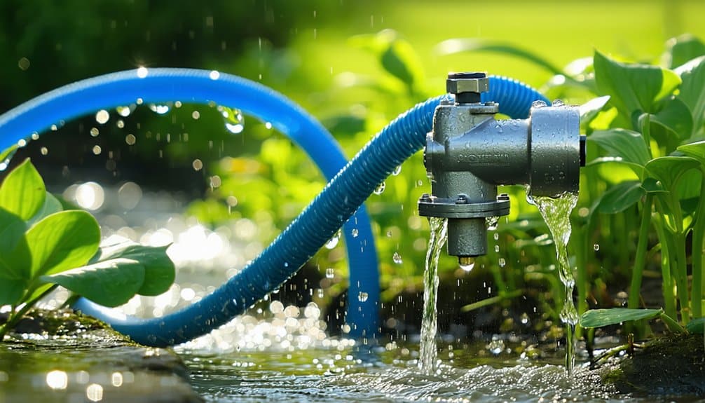 A blue hose with a metal valve waters green plants in a garden, with water spraying and splashing around the lush leaves in bright sunlight.