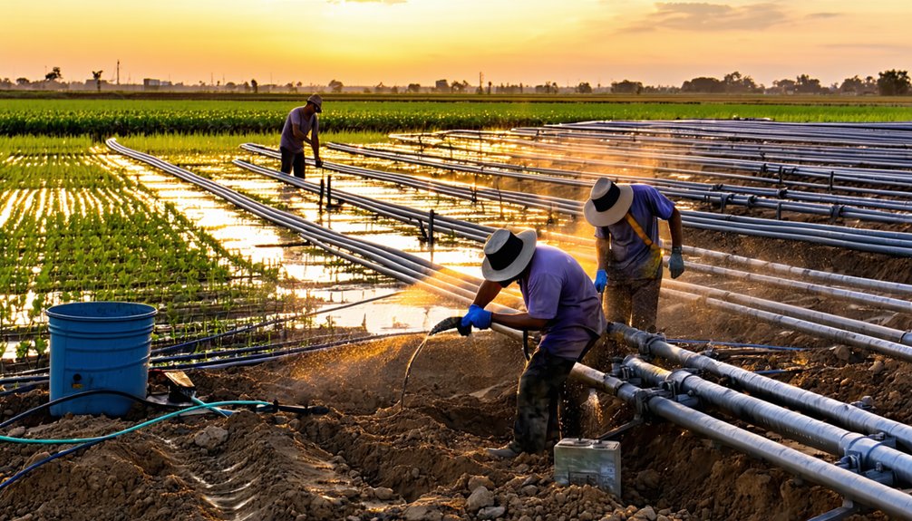 Three workers in hats set up irrigation pipes in a muddy agricultural field at sunset, with water spraying and green crops growing in the background. The scene is illuminated by warm, golden sunlight.